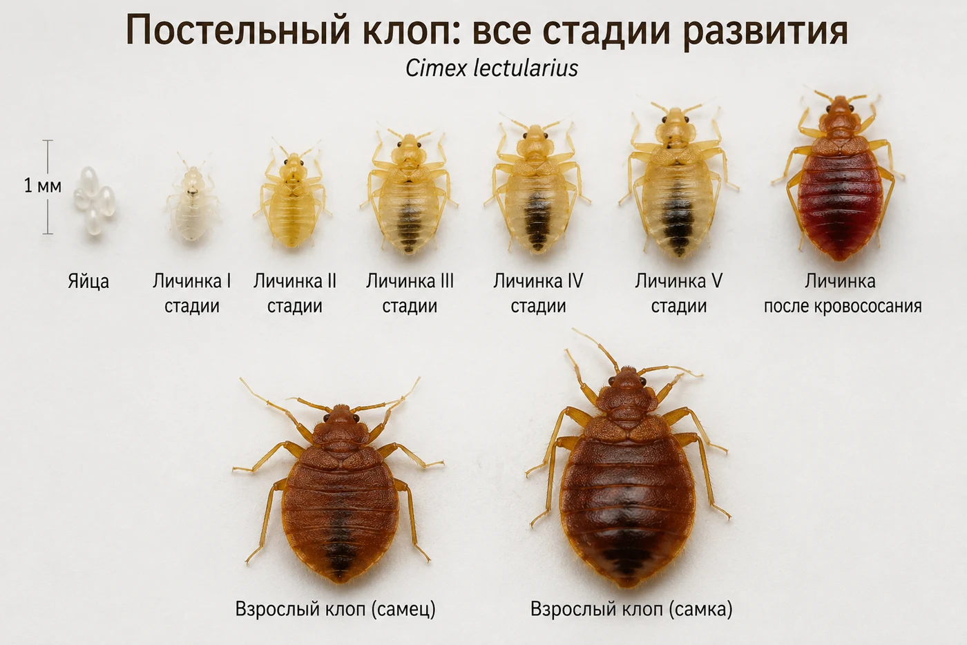 Постельный клоп: все стадии развития — яйца, личинки I–V, взрослые