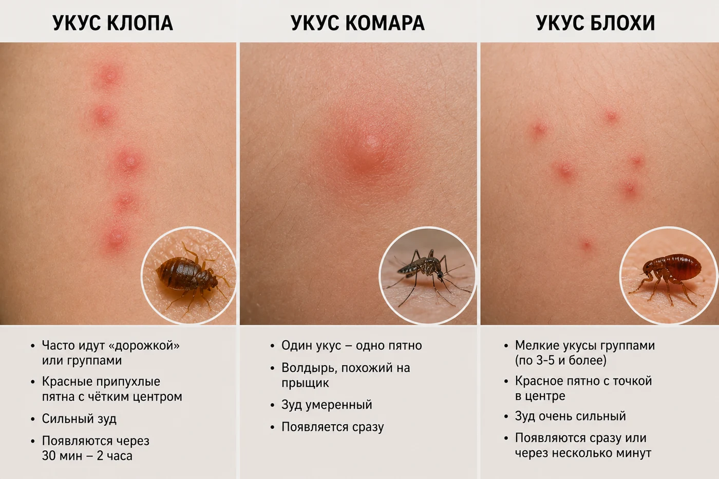 Сравнение укусов клопа, комара и блохи
